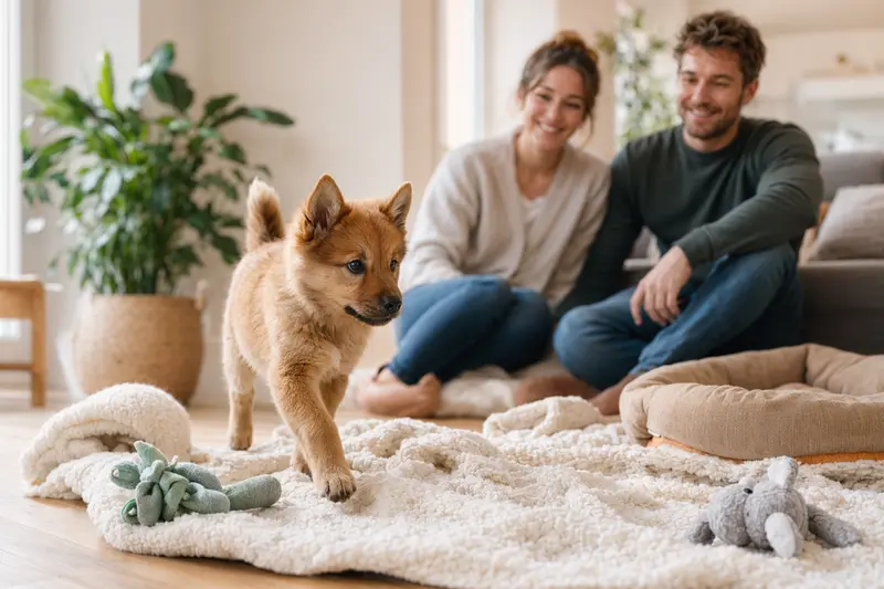 Ein junger Suomenpystykorva Welpe erkundet neugierig sein neues Zuhause in einer hellen Wohnung mit weicher Decke und Spielzeug.