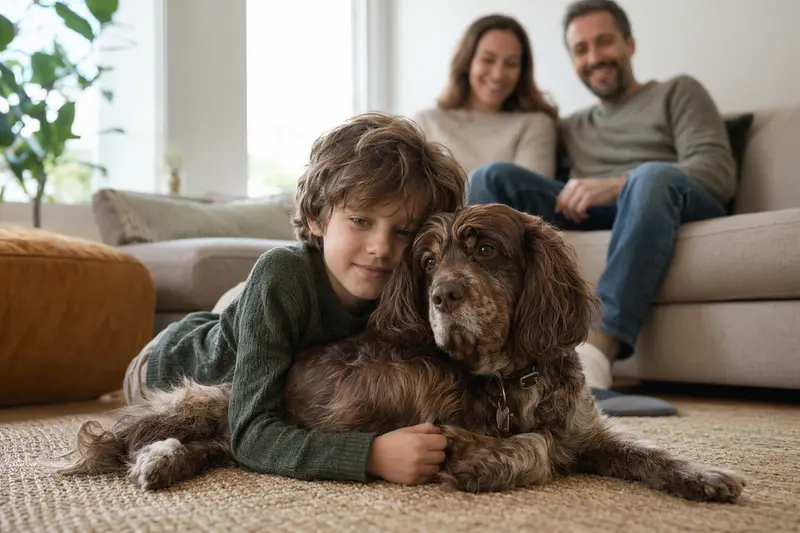 Ein freundlicher Sussex Spaniel liegt entspannt neben einem Kind im hellen Wohnzimmer, während die Eltern im Hintergrund eine sichere Familienatmosphäre schaffen.