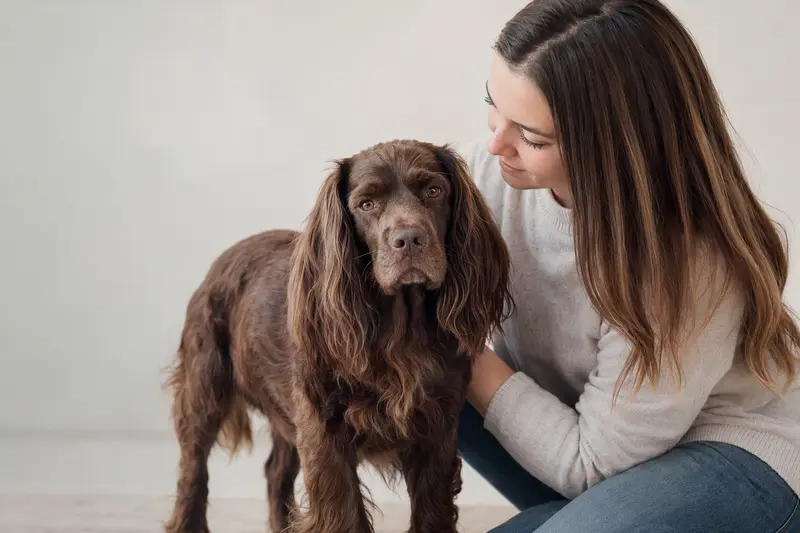 Ein Sussex Spaniel steht aufmerksam in natürlicher Haltung vor hellem Hintergrund und zeigt die typische Fellstruktur der Rasse.