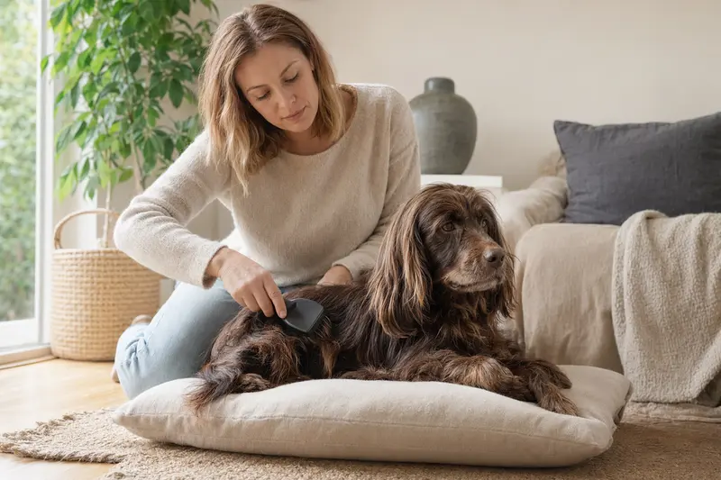 Ein Sussex Spaniel wird in einer hellen Wohnung liebevoll gebürstet und gepflegt, was den Fokus auf Gesundheit und verantwortungsvolle Fellpflege bei Hunden zeigt.