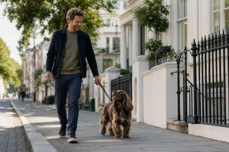 Ein Sussex Spaniel läuft an der Leine mit seinem Besitzer durch eine freundliche moderne Stadtstraße.