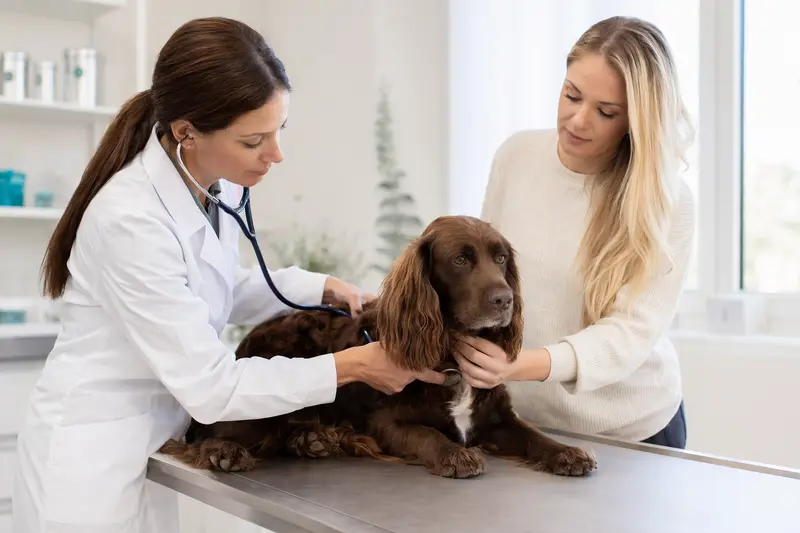 Ruhiger Sussex Spaniel wird in einer modernen Tierarztpraxis behutsam mit dem Stethoskop untersucht, während die Besitzerin beruhigend danebensteht.