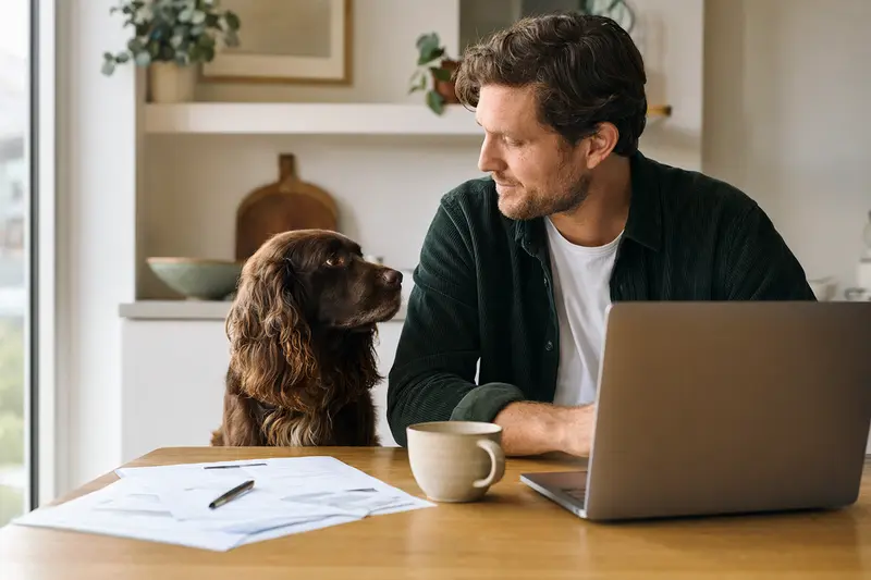 Sussex Spaniel sitzt ruhig neben seinem Besitzer am Küchentisch mit Versicherungsunterlagen und Laptop zur Hundekrankenversicherung.