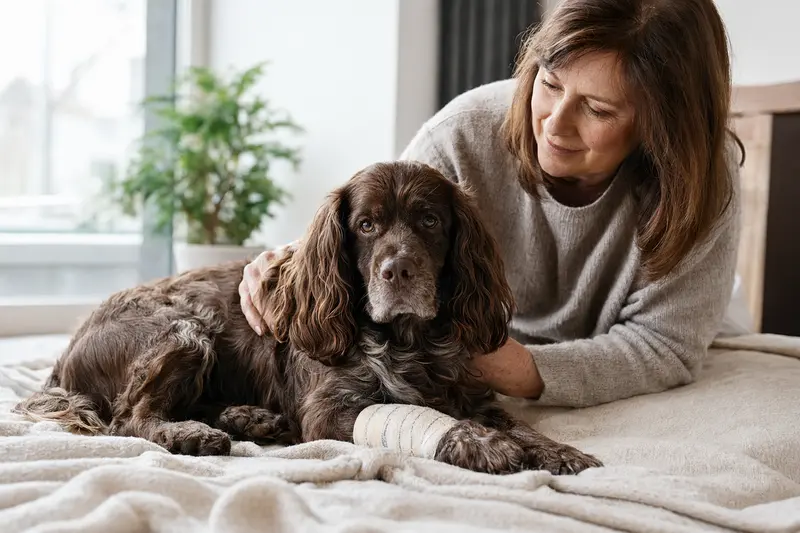 Sussex Spaniel mit leicht verbundenem Pfotenverband liegt ruhig auf einer Decke, während sein Besitzer neben ihm erleichtert im hellen Wohnzimmer sitzt.