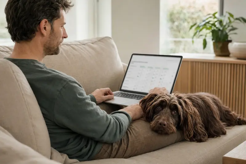 Ein Hundebesitzer arbeitet am Laptop auf dem Sofa, während sein Sussex Spaniel neben ihm sitzt und eine neutrale Versicherungsoberfläche auf dem Bildschirm zeigt.