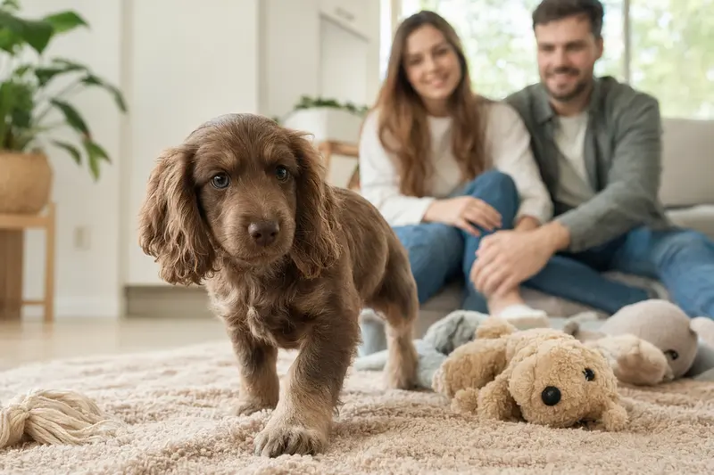 Junger Sussex Spaniel Welpe entdeckt neugierig sein neues Zuhause auf einer weichen Decke in einer hellen Wohnung.