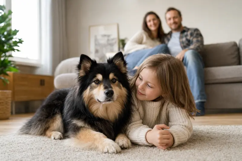 Ein entspannter Svensk Lapphund liegt neben einem Kind im hellen Wohnzimmer, während die Eltern im Hintergrund eine sichere Familienatmosphäre schaffen.