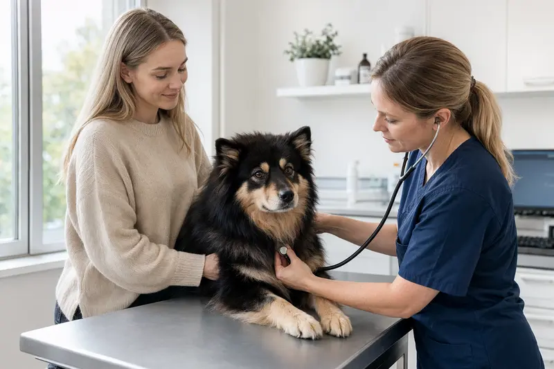 Eine freundliche Tierärztin untersucht einen ruhigen Svensk Lapphund mit dem Stethoskop, während der Besitzer beruhigend neben dem Untersuchungstisch steht.