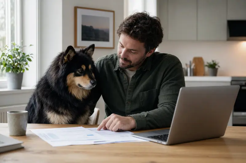 Ein Svensk Lapphund sitzt ruhig neben seinem Besitzer am Küchentisch mit Versicherungsunterlagen und einem Laptop zur Hundekrankenversicherung.