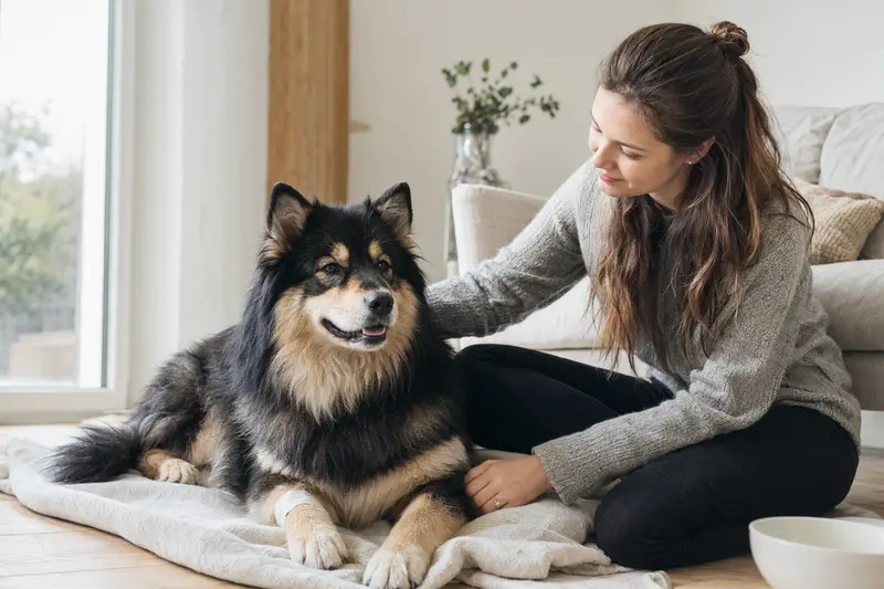 Svensk Lapphund mit leicht verbundenem Pfotenverband liegt ruhig auf einer Decke neben seinem erleichterten Besitzer.
