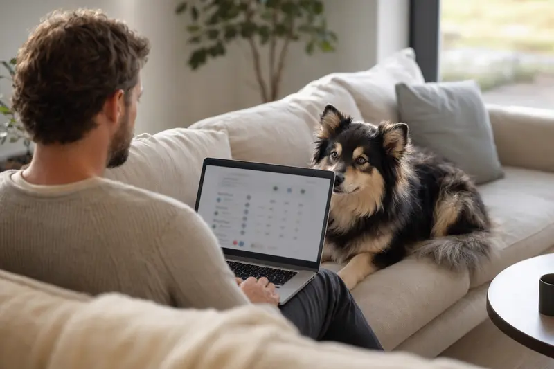 Ein Hundebesitzer sitzt mit einem Laptop auf dem Sofa und wird von einem Svensk Lapphund begleitet, während er einen Versicherungsvergleich durchführt.
