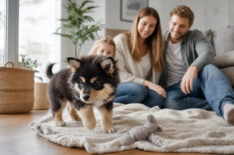 Ein junger Svensk Lapphund Welpe erkundet neugierig sein neues Zuhause auf einer weichen Decke zwischen Spielzeug und seiner Familie im Hintergrund.