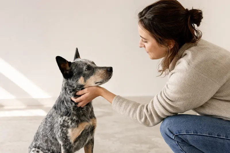 Ein aufmerksamer Swedish Cattle Dog steht in natürlicher Haltung vor hellem Hintergrund und zeigt die typische Fellstruktur der Rasse.