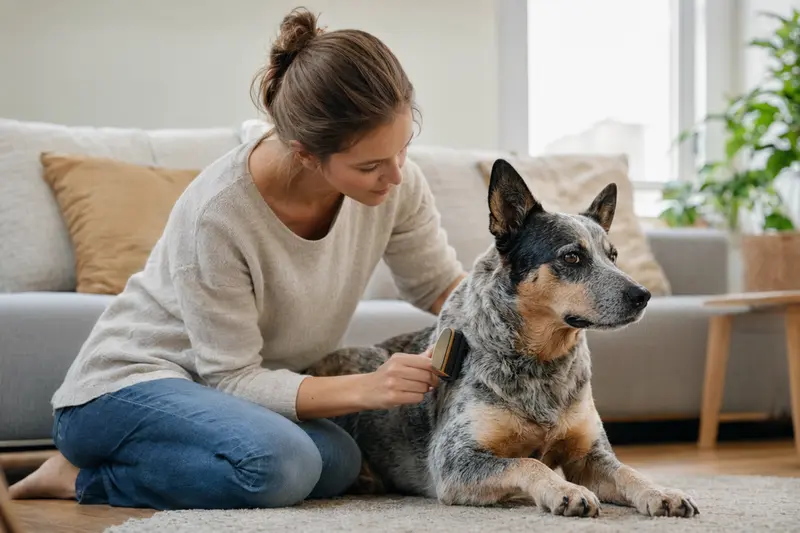 Ein Swedish Cattle Dog wird in einer hellen Wohnung liebevoll gebürstet und gepflegt.
