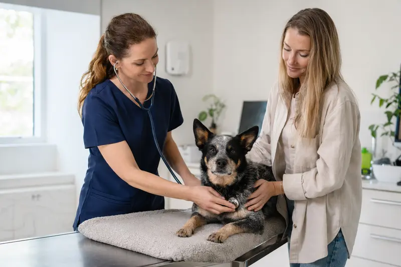 Eine Tierärztin untersucht einen ruhigen Swedish Cattle Dog mit dem Stethoskop, während der Besitzer in der modernen Tierarztpraxis beruhigend danebensteht.