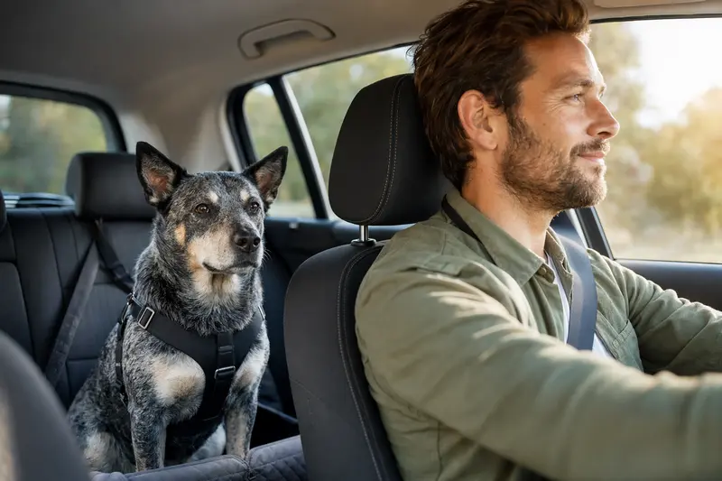 Ein Swedish Cattle Dog sitzt sicher angeschnallt auf der Rückbank eines Autos, während der Besitzer ruhig fährt.