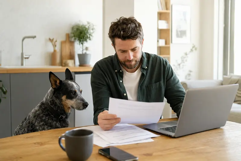 Ein Swedish Cattle Dog sitzt ruhig neben seinem Besitzer am Küchentisch mit Versicherungsunterlagen und einem Laptop zur Tierkrankenversicherung.