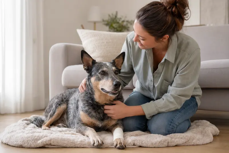 Ein Swedish Cattle Dog mit leichtem Verband an der Pfote liegt ruhig auf einer Decke neben seinem erleichterten Besitzer.