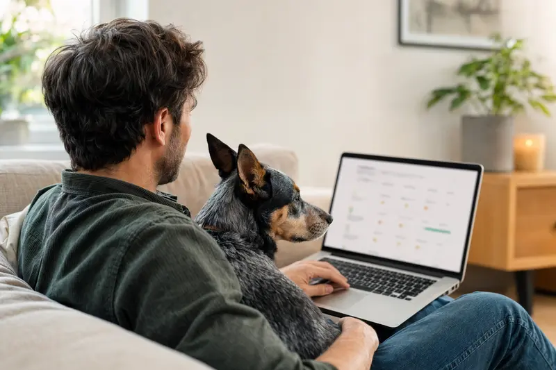 Ein Hundehalter arbeitet am Laptop auf dem Sofa, während sein Swedish Cattle Dog entspannt daneben sitzt und eine Versicherungsvergleichs-Oberfläche angezeigt wird.