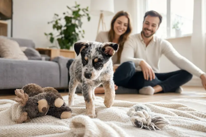 Ein junger Swedish Cattle Dog Welpe entdeckt neugierig sein neues Zuhause auf einer weichen Decke mit Spielzeug in einer hellen, freundlichen Wohnung.