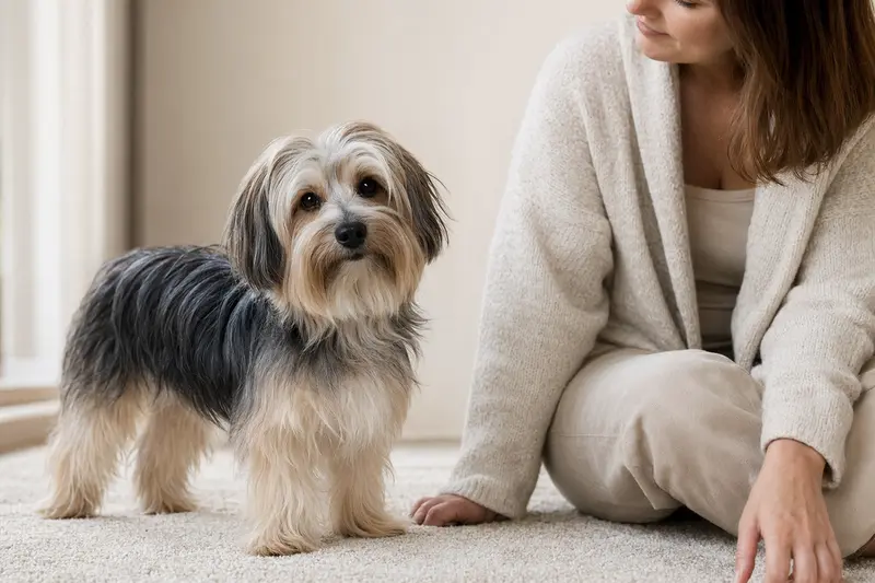 Sydney Silky Hund steht aufmerksam in natürlicher Haltung vor hellem Hintergrund, als realistisches Rasseportrait für einen Ratgeber zum Hundethema.