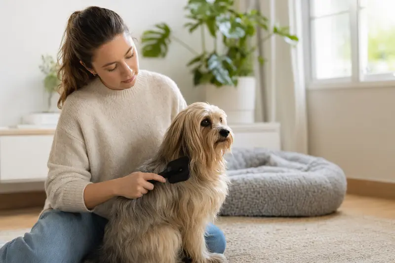 Ein Sydney Silky Hund wird in einer hellen Wohnung sanft gebürstet, während der Besitzer die Fellpflege liebevoll und aufmerksam übernimmt.
