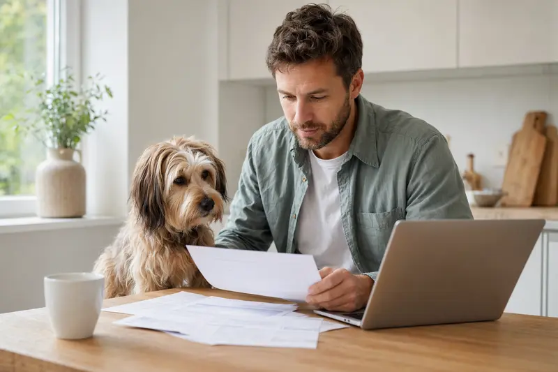 Ein Sydney Silky Hund sitzt ruhig neben seinem Besitzer am Küchentisch, während Versicherungsunterlagen und ein Laptop mit neutraler Vergleichsseite vor ihm liegen.
