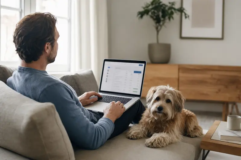 Ein Hund sitzt neben einem Besitzer, der auf seinem Laptop auf dem Sofa arbeitet und Versicherungsoptionen vergleicht.