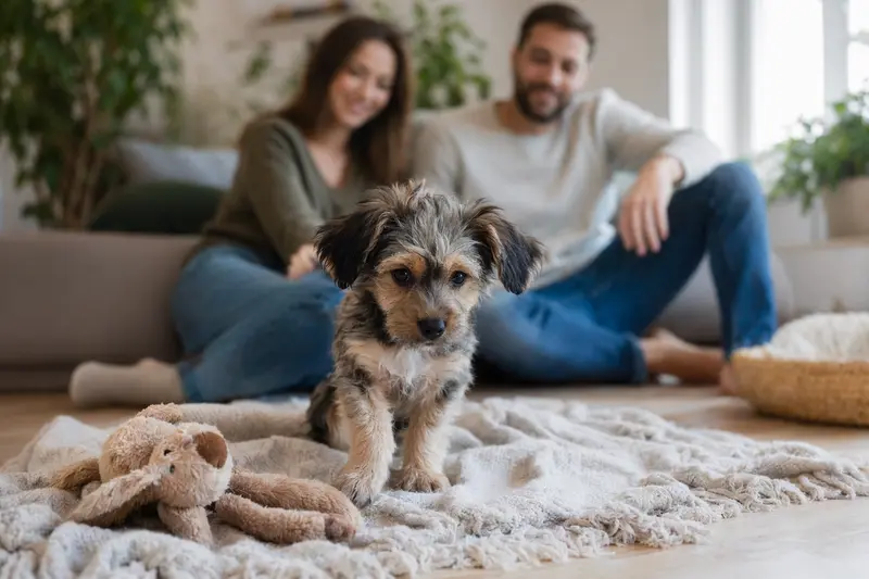 Junger Sydney Silky Welpe entdeckt neugierig sein neues Zuhause in einer hellen Wohnung mit weicher Decke und Spielzeug.
