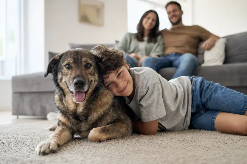 Ein freundlicher Taigan Hund liegt entspannt neben einem Kind im hellen Wohnzimmer, während die Eltern im Hintergrund eine sichere Familienatmosphäre vermitteln.