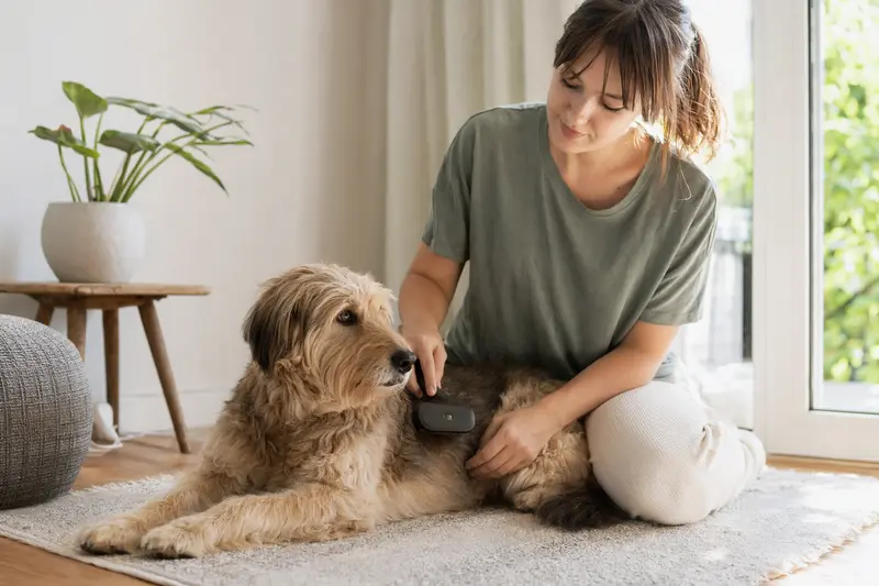 Ein Taigan Hund wird in einer hellen Wohnung sanft gebürstet, während sein Besitzer die Fellpflege liebevoll übernimmt.