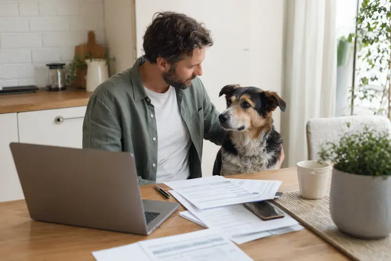 Ein Taigan Hund sitzt ruhig neben seinem Besitzer am Küchentisch, während Versicherungsunterlagen und ein Laptop mit einer Vergleichsseite auf dem Tisch liegen.