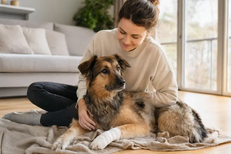 Ein Taigan Hund mit leichtem Verband an der Pfote liegt ruhig auf einer Decke, während sein Besitzer erleichtert neben ihm sitzt.