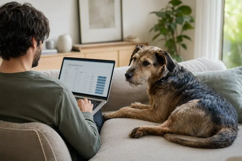 Ein Hundebesitzer arbeitet am Laptop auf dem Sofa, während ein Taigan Hund neben ihm sitzt, was die sichere Entscheidungsfindung zu Versicherungen symbolisiert.