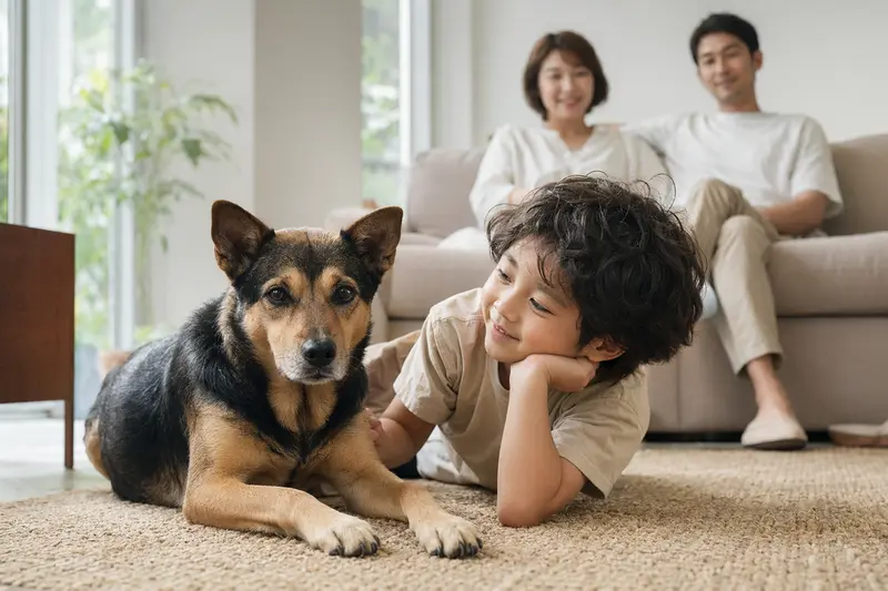 Ein freundlicher Taiwanhund liegt entspannt neben einem Kind im hellen Wohnzimmer, während die Eltern im Hintergrund für eine sichere Familienatmosphäre sorgen.