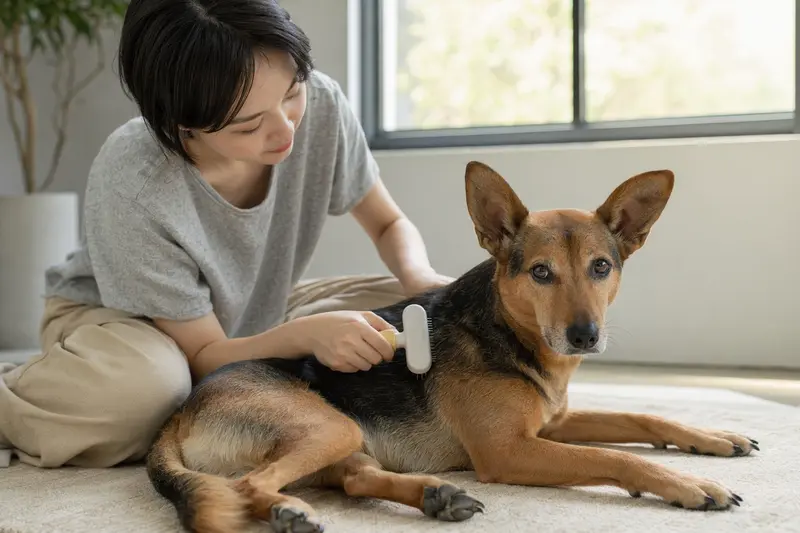 Ein Taiwanhund wird in einer hellen Wohnung sanft gebürstet, während sein Besitzer liebevoll die Fellpflege übernimmt.