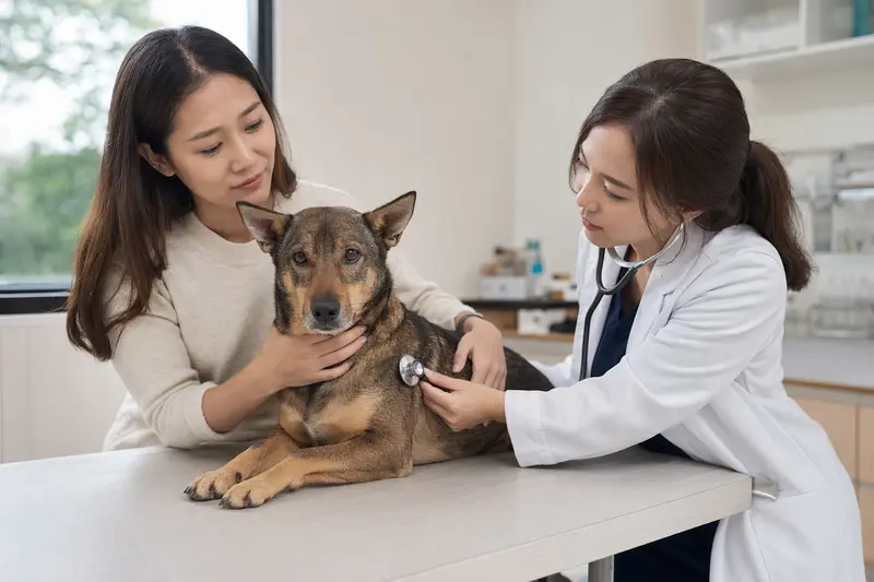 Eine Tierärztin untersucht einen ruhigen Taiwanhund auf dem Untersuchungstisch in einer modernen Tierarztpraxis, während der Besitzer beruhigend danebensteht.