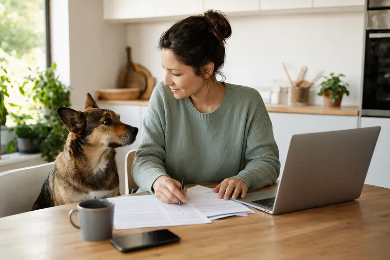 Ein Taiwanhund sitzt ruhig neben seinem Besitzer am Küchentisch, auf dem Versicherungsunterlagen und ein Laptop mit einer neutralen Vergleichsseite liegen.