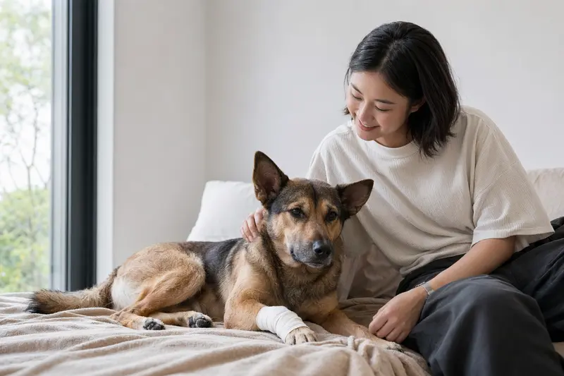 Ein Taiwanhund mit leicht verbundenem Pfotenverband liegt ruhig auf einer Decke, während sein Besitzer erleichtert neben ihm sitzt.