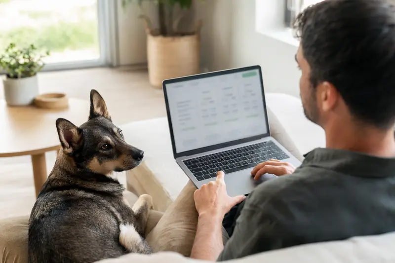 Ein Besitzer arbeitet am Laptop auf dem Sofa, während sein Taiwanhund neben ihm sitzt, in einer ruhigen, hellen Wohnung.