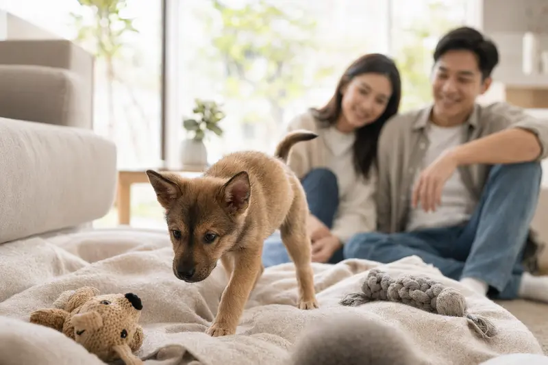 Ein junger Taiwanhund-Welpe erkundet neugierig sein neues Zuhause auf einer weichen Decke neben Spielzeug, während seine liebevolle Familie im Hintergrund zu sehen ist.
