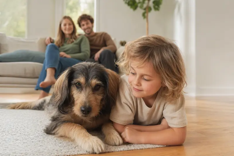 Ein freundlicher Tajgan Hund liegt entspannt neben einem Kind im Wohnzimmer und vermittelt eine sichere Familienatmosphäre mit Haustier.