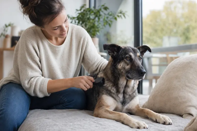 Ein Tajgan Hund wird in einer hellen Wohnung sanft vom Besitzer gebürstet und gepflegt.