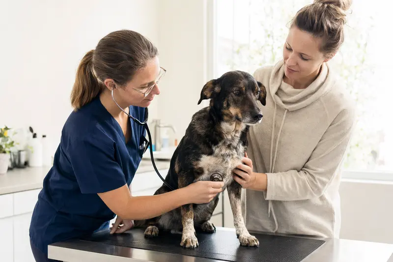 Eine freundliche Tierärztin untersucht einen ruhigen Tajgan Hund mit dem Stethoskop, während der Besitzer beruhigend daneben steht.