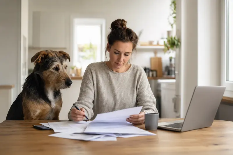 Ein Tajgan Hund sitzt ruhig neben seinem Besitzer am Küchentisch, während Versicherungsunterlagen und ein Laptop mit Vergleichsseite auf eine Hundeversicherung hinweisen.