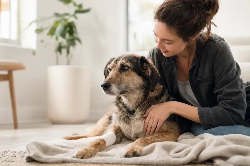 Ein Tajgan Hund mit leichtem Verband an der Pfote liegt ruhig auf einer Decke neben seinem erleichterten Besitzer.