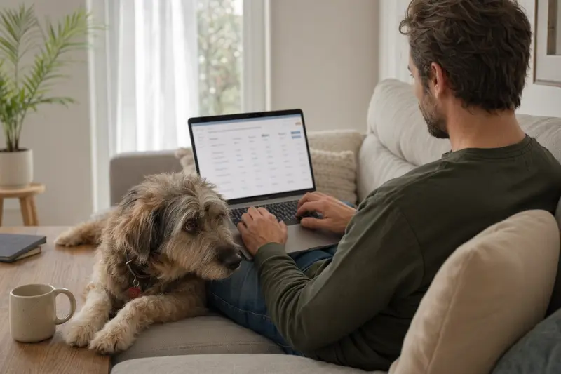 Ein Hund sitzt entspannt neben einem Besitzer, der auf seinem Laptop Versicherungsinformationen prüft.