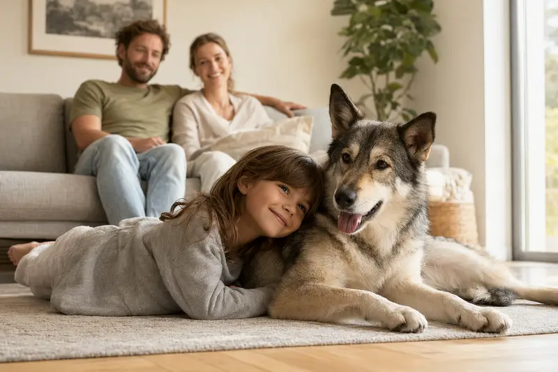 Ein Tamaskan Hund entspannt neben einem Kind im Wohnzimmer und vermittelt eine vertrauensvolle Familienatmosphäre.
