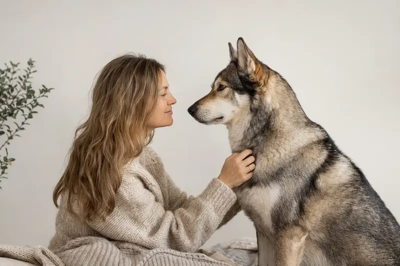 Ein aufmerksam stehender Tamaskan Hund im professionellen Tierportrait vor hellem neutralem Hintergrund.