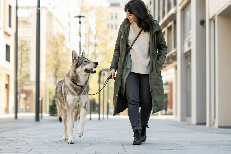 Ein Tamaskan Hund läuft an der Leine mit seinem Besitzer durch eine moderne Stadtstraße in entspannter Alltagssituation.